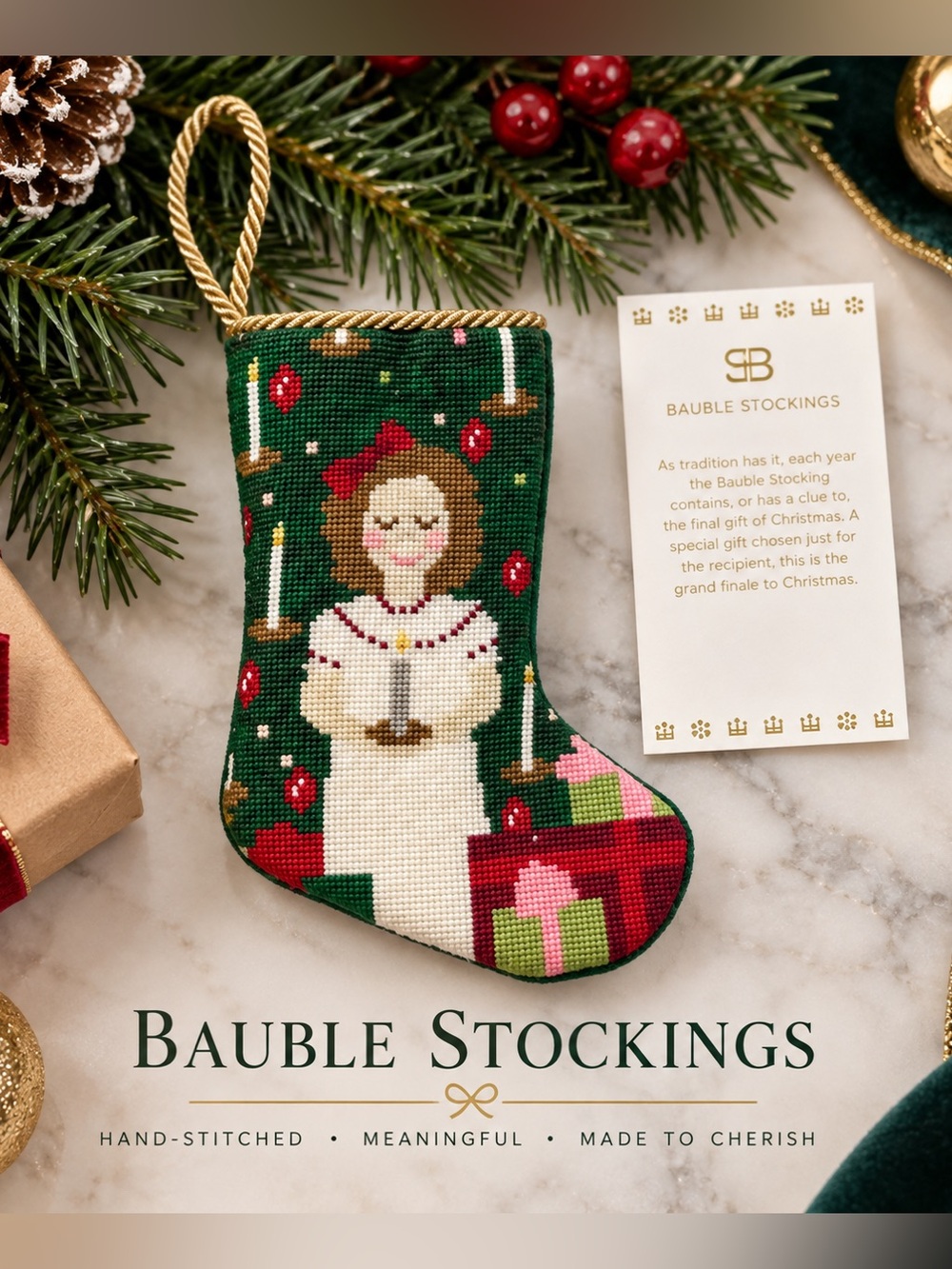 NWT Bauble Stocking Green Hand-Stitched Angel Christmas Stocking